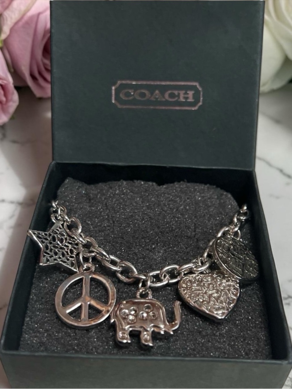 Coach Vintage Silver Bracelet with Heart, Peace, Star & Elephant Charm NWOT - Picture 6 of 6